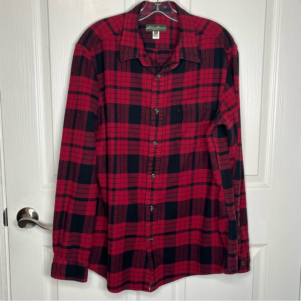 Eddie Bauer Sz L Red Black Flannel Plaid Shirt Button Up